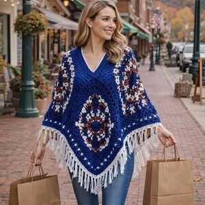 Hand Crafted Crochet Chunky Navy Blue White Burgundy Poncho Essential Boho